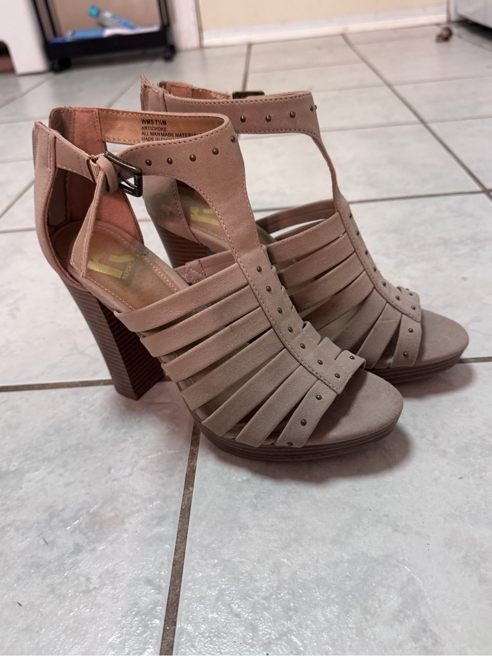 Strappy Taupe High Block Heel Sandals with Ankle Buckle